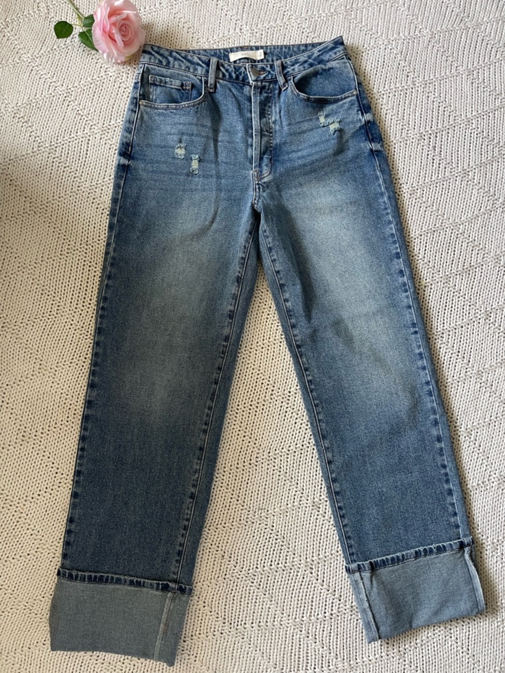 Tela High Rise Wide Leg Cuffed Jeans 28 Distressed Light Wash Denim